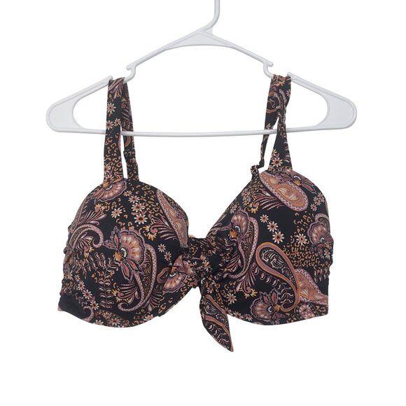 Shade & Shore  Womens Black Paisley Bikini Top With Tie Front Size 36DD - Picture 2 of 11